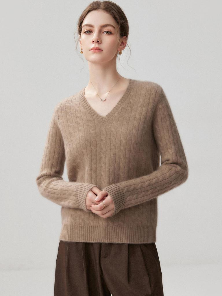 3D Cable Knit V-Neck Cashmere Sweater - Women's Elegant Autumn/Winter 2026 Collection, Loose Slimming Fit