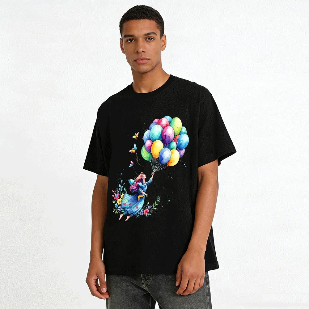 Watercolor Print Top With Girl & Colorful Balloons Casual Long Sleeve Pure cotton T-shirt