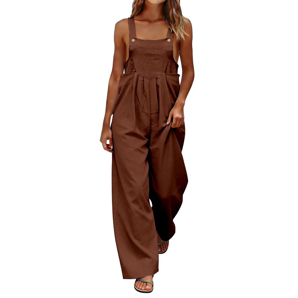 Women's Fashionable Color Sleeveless Casual Wide Leg Loose Jumpsuit With Pocket