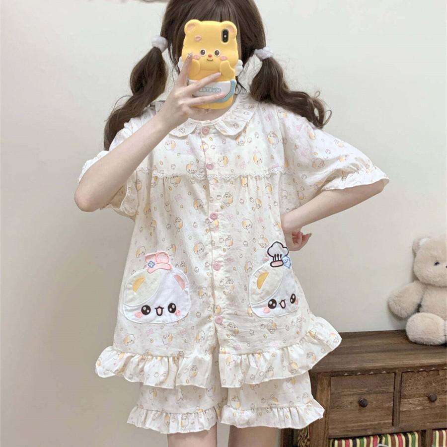 Soft cute girl doll collar open bear pajamas women's summer short-sleeved shorts two-piece set student dormitory loungewear
