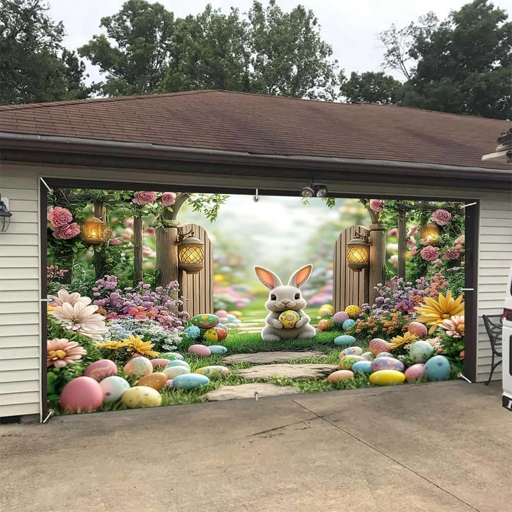 MERCHR Easter Garden Garage Door Backdrop 8 X 7 Ft, Spring Happy Easter Rabbit Colorful Eggs Bunny Garage Door Banner, Polyester, White