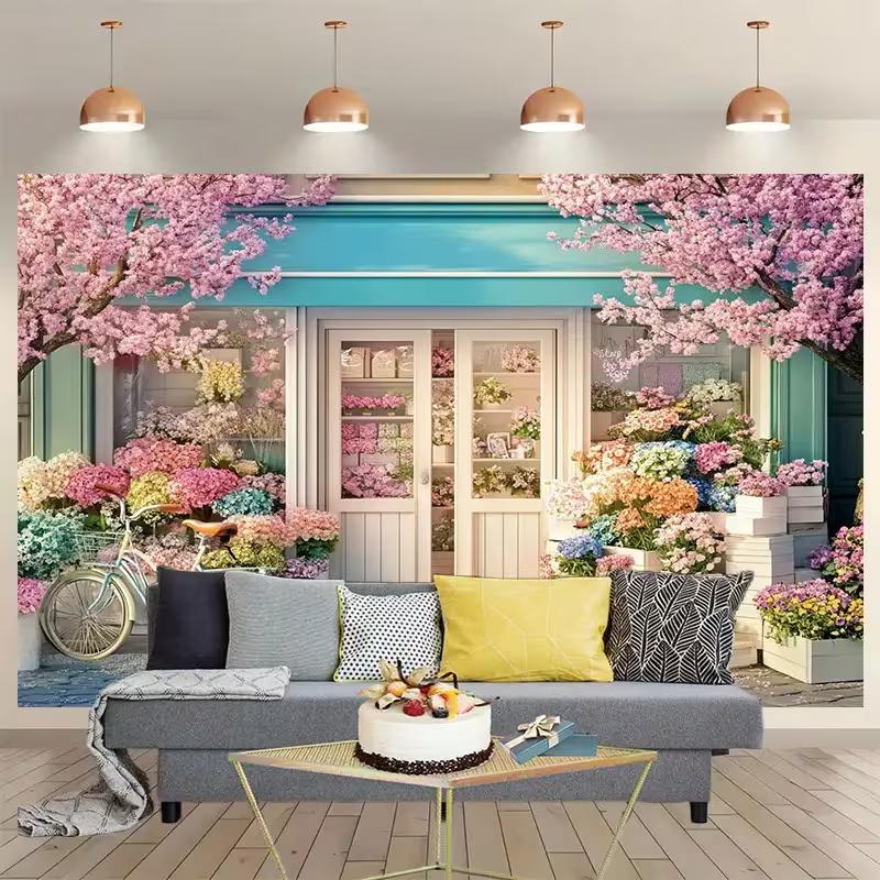 2D Cute Flower Shop Backdrop, Spring Bicycle Photo Studio Background