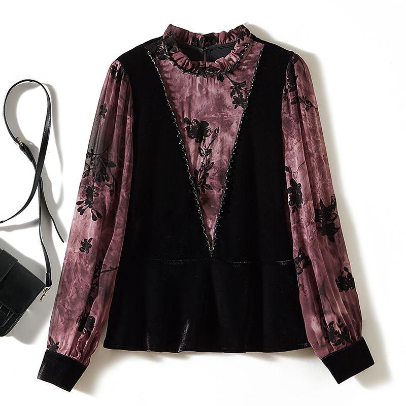 

Retro Artistic Girls Fake Two-Piece Gold Velvet Patchwork Chiffon Rhinestone Long sleeve Wooden Ear Collar Shirts New Bottoming Shirt Black L