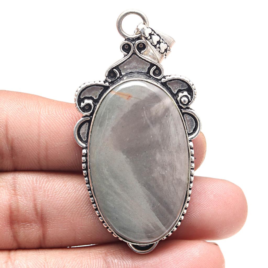 Pendant Polygram Jasper Gemstone Valentine'Day Gift Silver Jewelry 2.75"