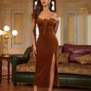 pleated velvet fishbone suspender dress, European and American sexy split-ended strap backless hip dress