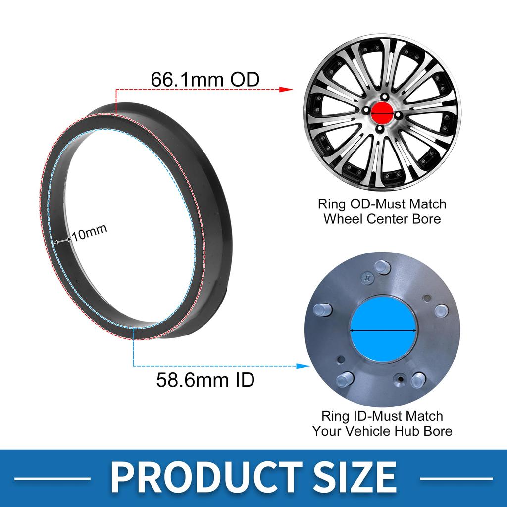 A ABSOPRO 66.1mm To 58.6mm Wheel Hub Centric Ring Black Polycarbonate Wheel Center Shaft Shock Absorption Hub Ring 4pcs