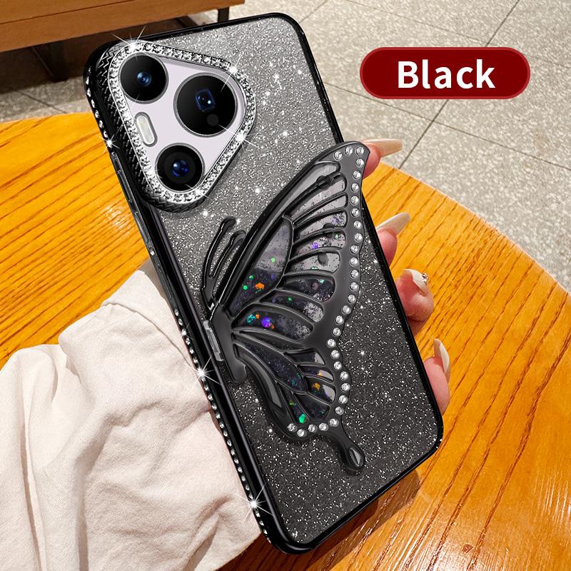 Diamond Glitter Liquid Quicksand Butterfly Phone Holder Case For Huawei Pura 70 P60 P50 Pro Silicone Cover