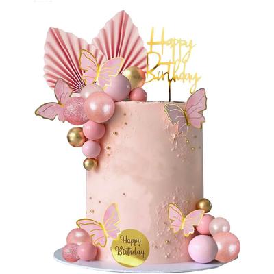Topper para Tarta de Cumpleaños Feliz Cumpleaños Bolas Rosas Topper para Tarta Bolas de Mariposa Decoraciones para Tarta para Baby Shower Boda Fiesta de Cumpleaños