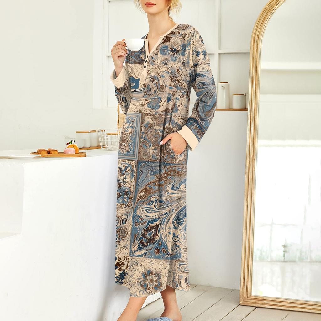 Dámská noční košile dlouhá společenská V-výstřih noční košile s kapsami