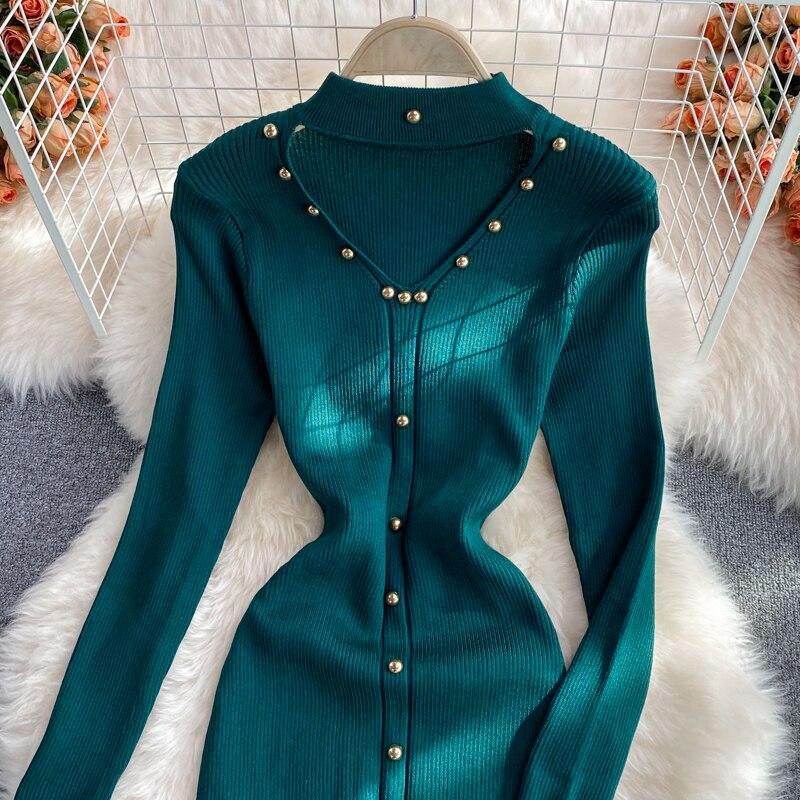 RUGOD Dlouhý rukáv Visící výstřih s výstřihem do V Elastické pletené šaty 2022 Podzim Zima Nový styl Dlouhá sukně s přiléhavým zadečkem