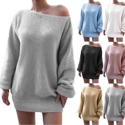 Women's Fashionable Casual Color Off-shoulder Long-sleeved Knit Sweater Dress