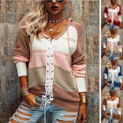 Damenmode Herbst Patchwork V-Ausschnitt Kapuzenpullover Hollow Strickpullover Pullover Hoodie Mantel