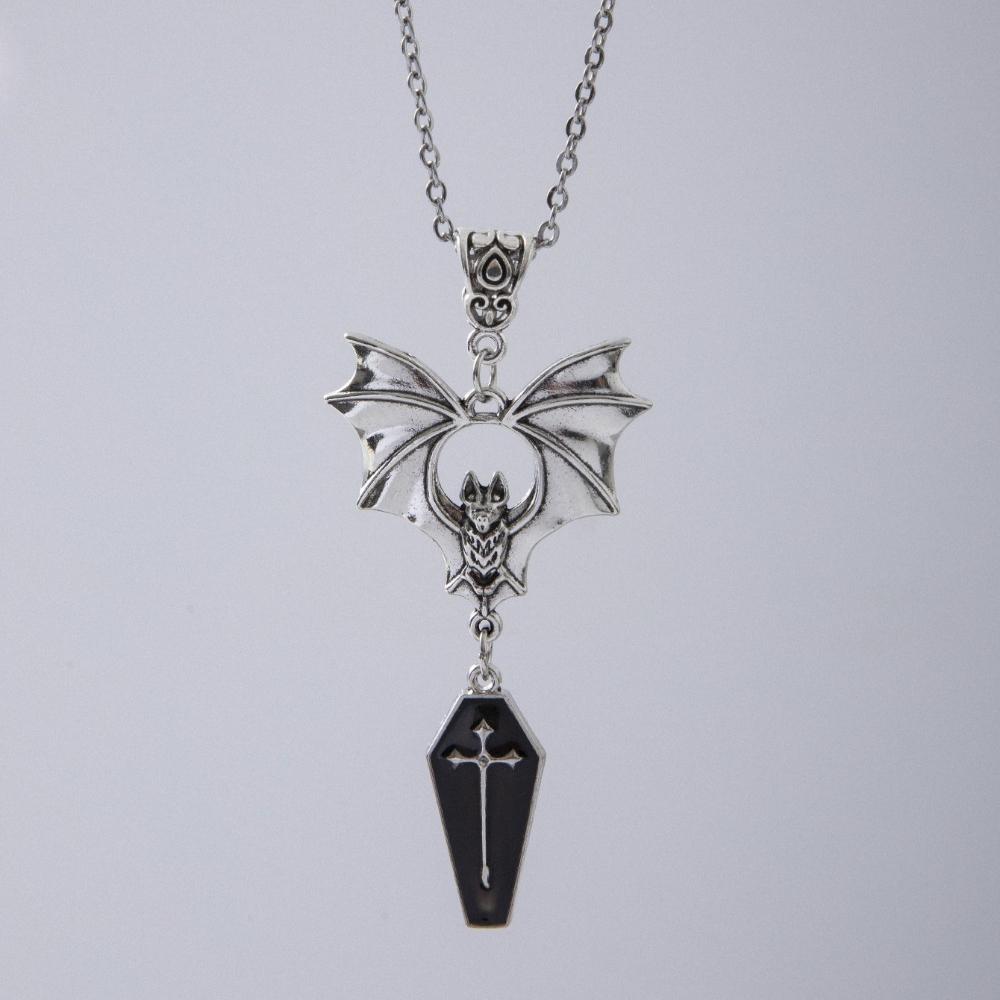 Exaggerated Gothic Sliver Color Vampire Bat Cross Red Coffin Pendant Necklace for Women Halloween Party Retro Punk Jewelry Gift
