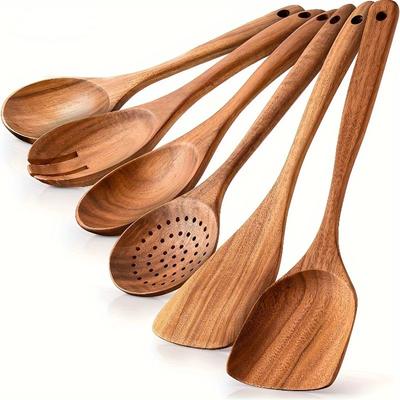 6pcs Wood Tableware Spoon Rice Colander Soup Skimmer Cooking Soup Spoons Scoop Kitchen Set Tool