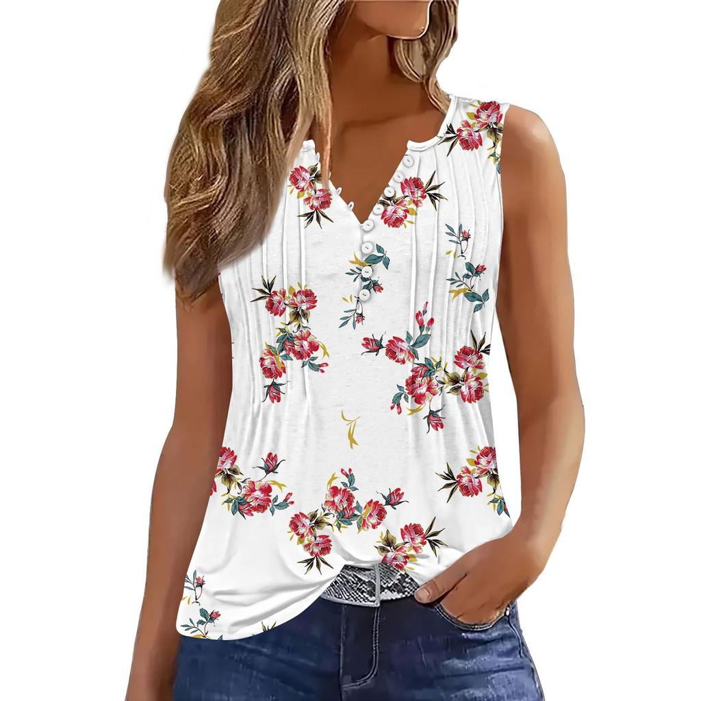 Women's Flowers And Plants Casual Loose Pleated Shirt V Collar Button-down T-shirt Shirt Sleeveless Vest Top