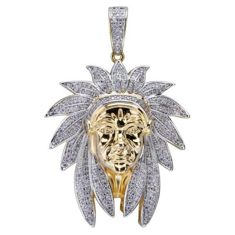 Pendentif et Collier Coiffe de Chef Indien Bijoux Hip Hop pour Homme Chaîne