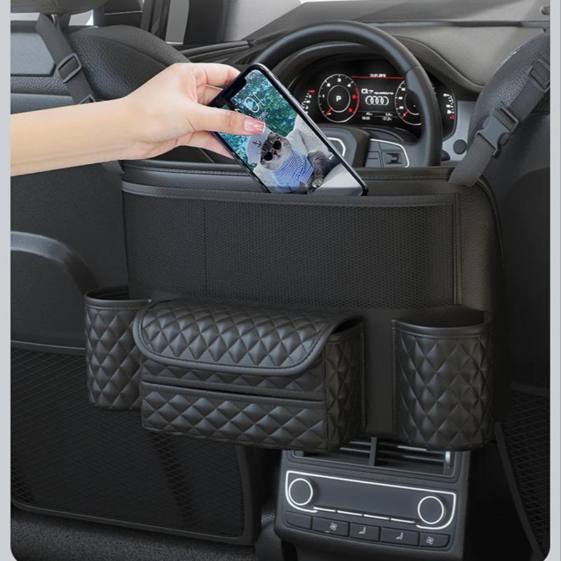 Auto Netztasche Handtaschenhalter Leder Zwischensitz-Organizer Auto Armlehne Hängende Taschentuchbecher Aufbewahrungstasche Innenzubehör