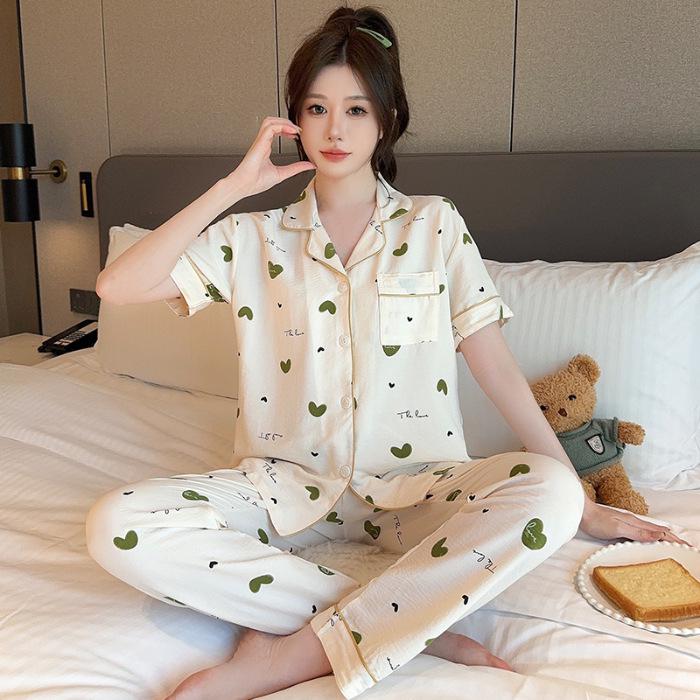 

Женская пижама с коротким рукавом для весны: Милый кардиган, корейский стиль, тонкий и повседневный домашний наряд Medium M