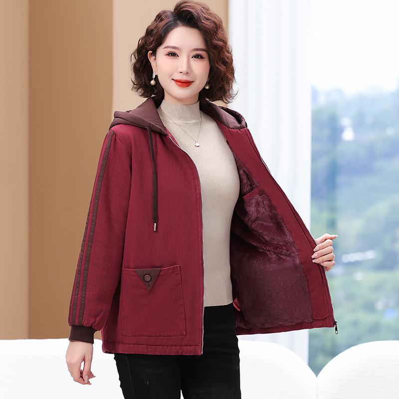 Plus Size Hooded Velvet Coat for Middle-Aged Women - Fashionable Cotton-Padded Jacket