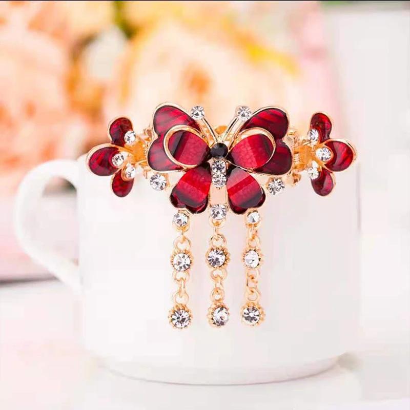

1Pc Fashion Cute Double Butterfly Hair Clips Women Girls Rhinestone Ponytail Hair Clips Crab Clips Bridal Hair Accessories красный