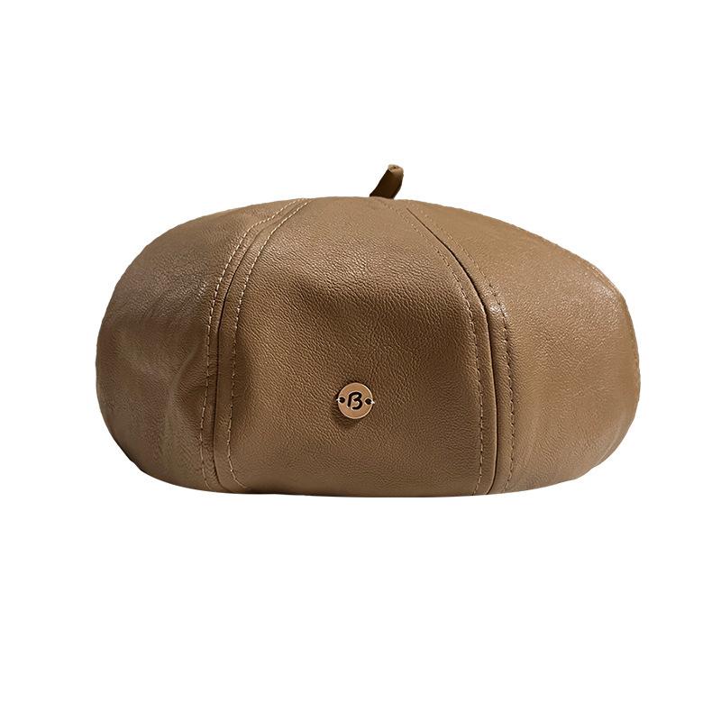 Beret Women's Autumn and Winter New Face-showing Small Octagonal Hat Korean Style Street Fashion Versatile PU Leather Hong Kong Style Pumpkin Hat