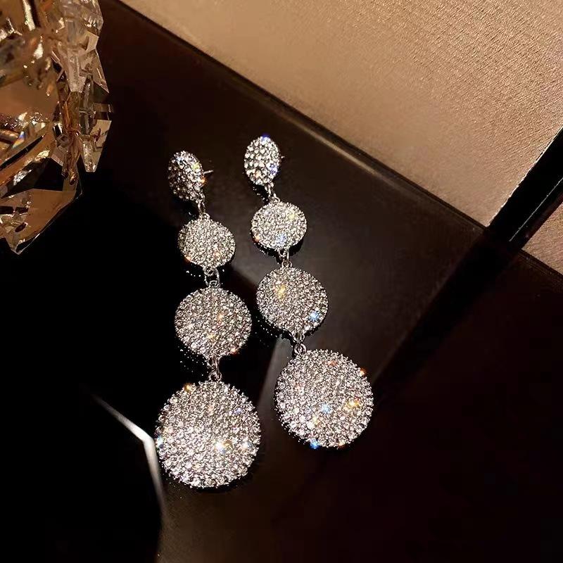 Full Diamond Geometric Circle Long Earrings Exaggerated Simple Earrings Fashion Design Earrings Women