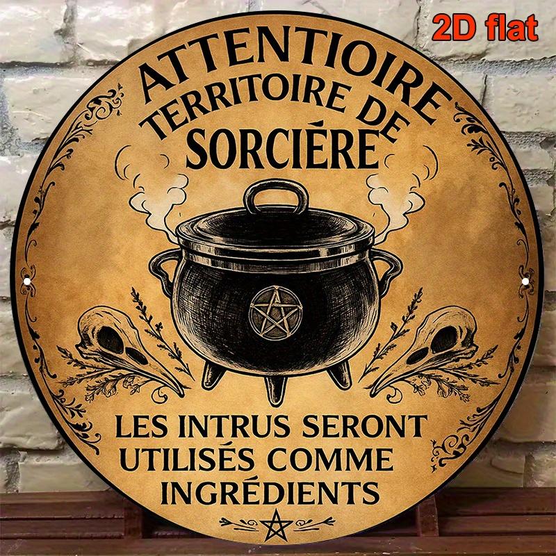 Vintage Gothic Witch Sign Round Metal Art French Witchs Domain Design in Aluminum Plaque for Bar Cafe Halloween Decor 20x20cm(8x8inch)