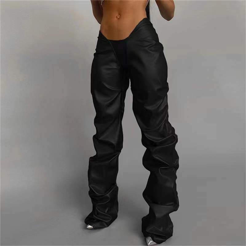 

Fashion Low Waist Poly Urethane Leather Casual Pants Millennium Sexy Straight-leg Ruched Pants Pile Pants for Women Black M