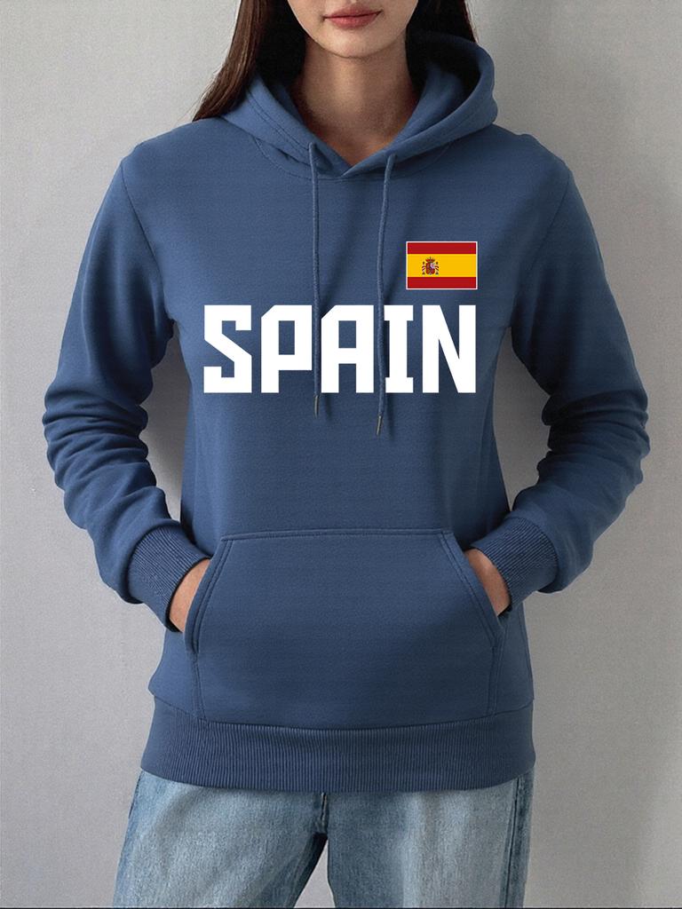 Spain Letter National Flag Printed Hoodies Women Winter Fleece Warm Sweatshirts Loose Pocket Pullovers Casual Womans Clothes