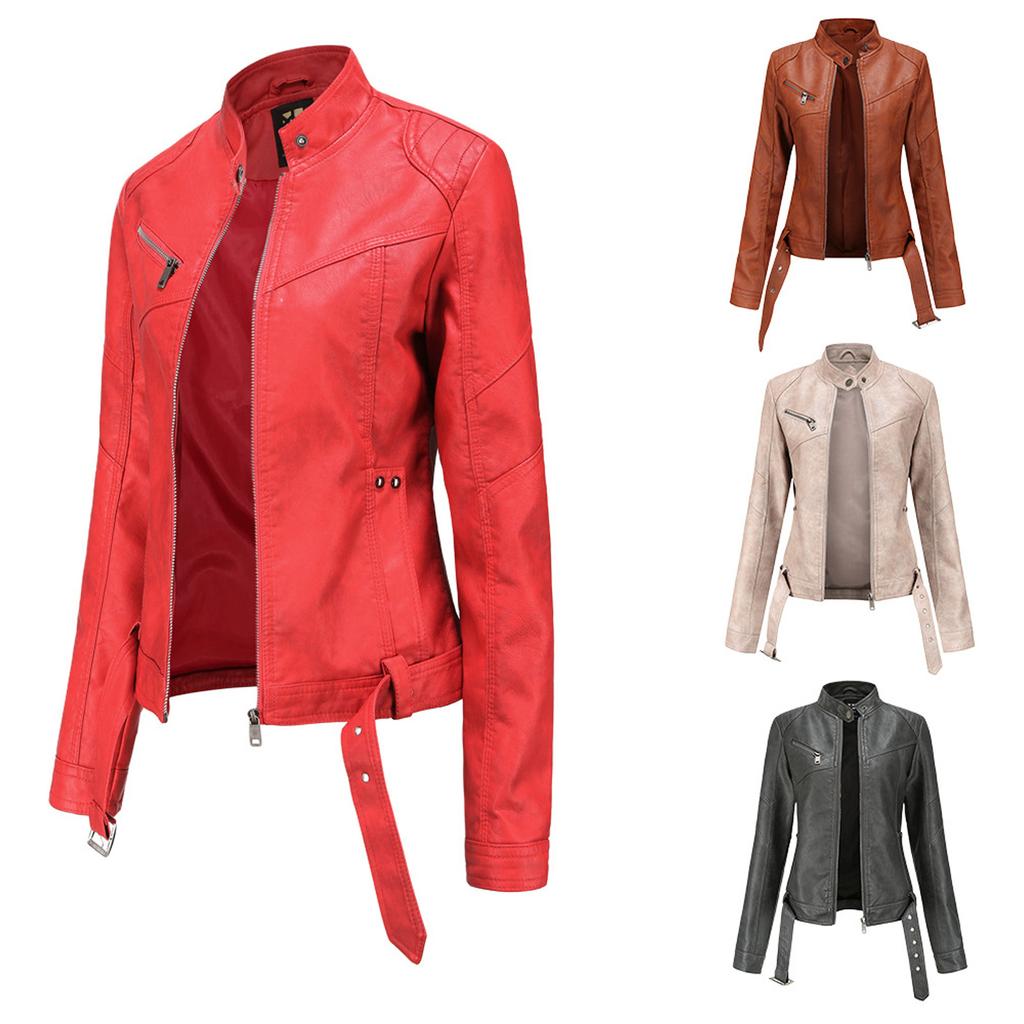 Women's Slim Leather Stand-Up Collar Zipper Stitching Solid Color Jacket