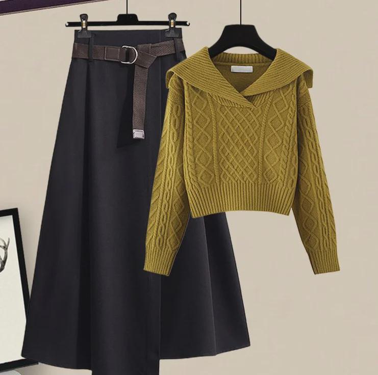 Navy Collar Retro Japanese Lazy Style Sweater & Skirt Set - Autumn 2024 Collection.