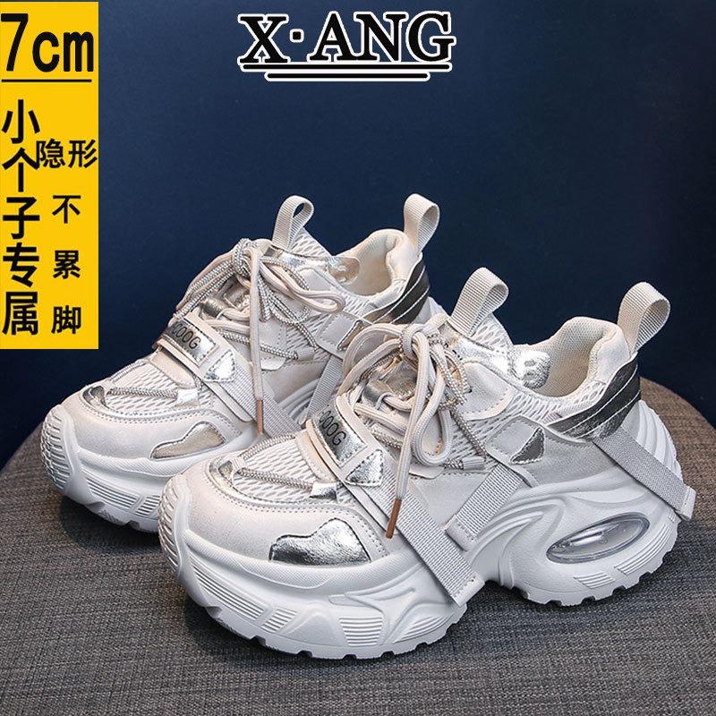 Small thick-soled heightening women's shoes leather dad shoes spring and summer new mesh breathable casual sports shoes