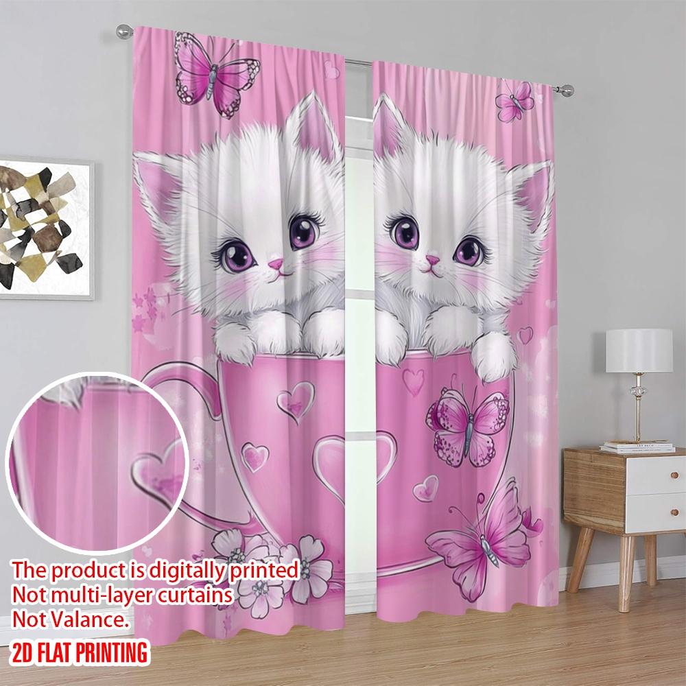2pcs,2D Plane Printing Window Curtain Kitten Cup Bliss Versatile Polyester (without Rod) Room Decor for Bedroom Living Room