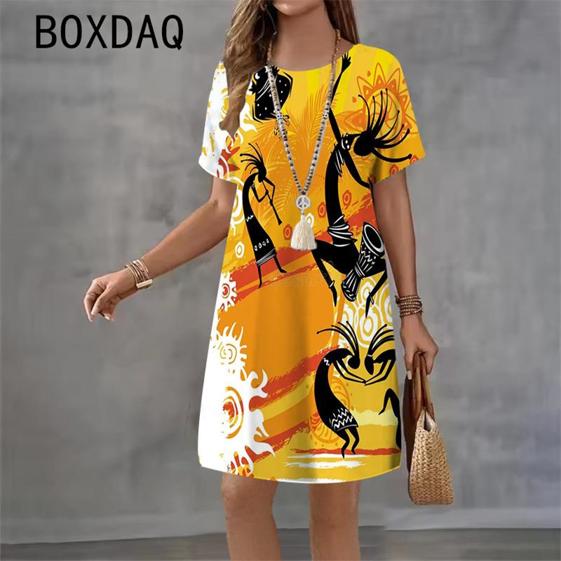 3D India Style Printed Dress Round Neck Short Sleeve Casual Mini Skirt for Women Summer 2026 New Beach Party Dress Vestidos