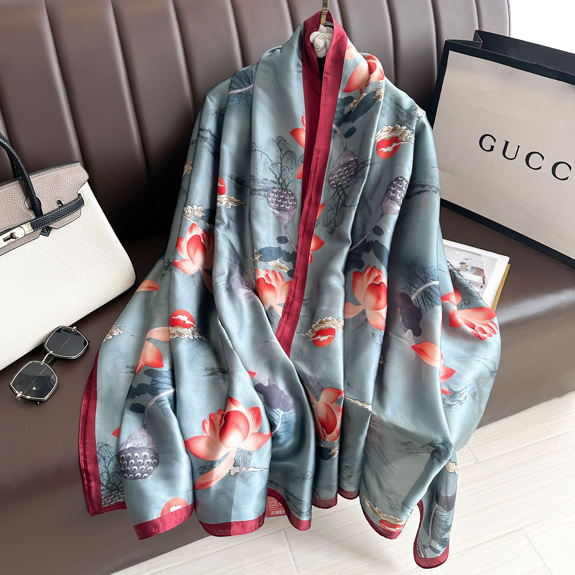 

Літературний ретро універсальний ботанічний квітка лотоса Lijin атласний довгий шовковий шарф жіноча шаль 90-180cm