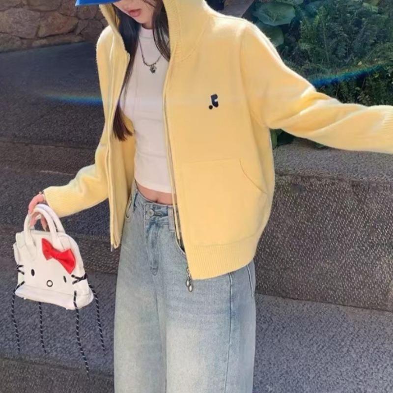 

Knitted cardigan new sweater jacket spring women s clothing early spring small men wear hooded tops women One size жёлтый