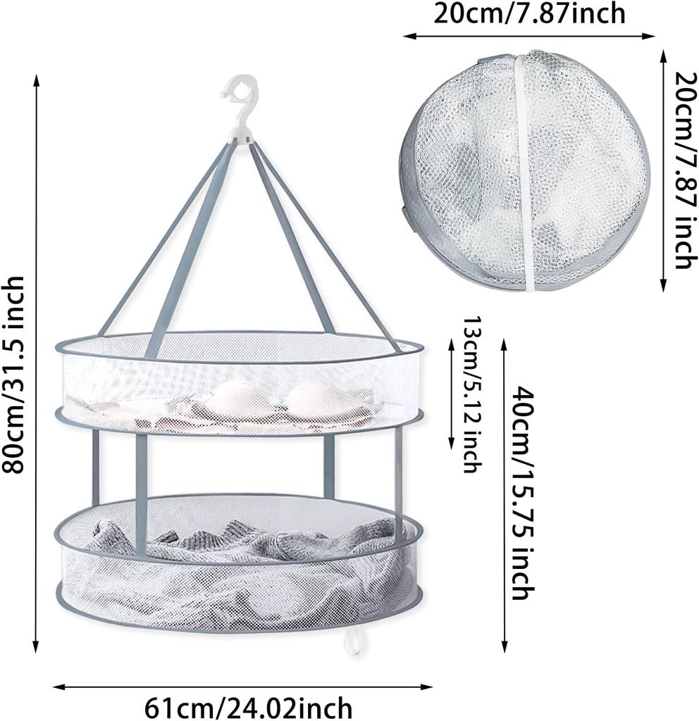 Secador de malha para pendurar, secador de meias dobrável, cesta de rede de 2 camadas, para suéter, brinquedo, meias, ervas, ambiente externo e interno