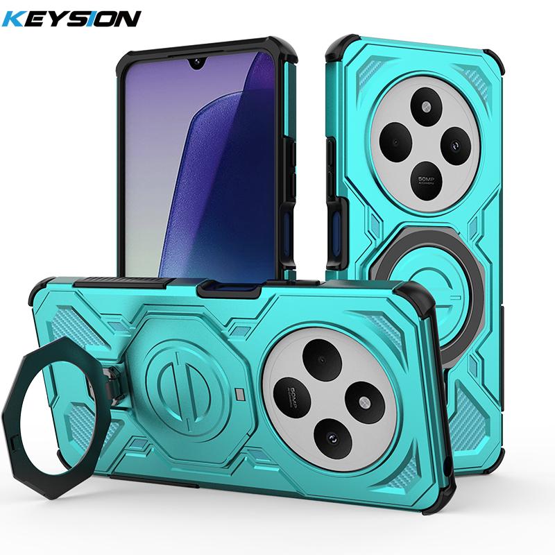 KEYSION Shockproof Magnetic Case for Redmi 14C Silicone+PC Upright Live Metal Ring Stand Phone Back Cover for Xiaomi POCO C75