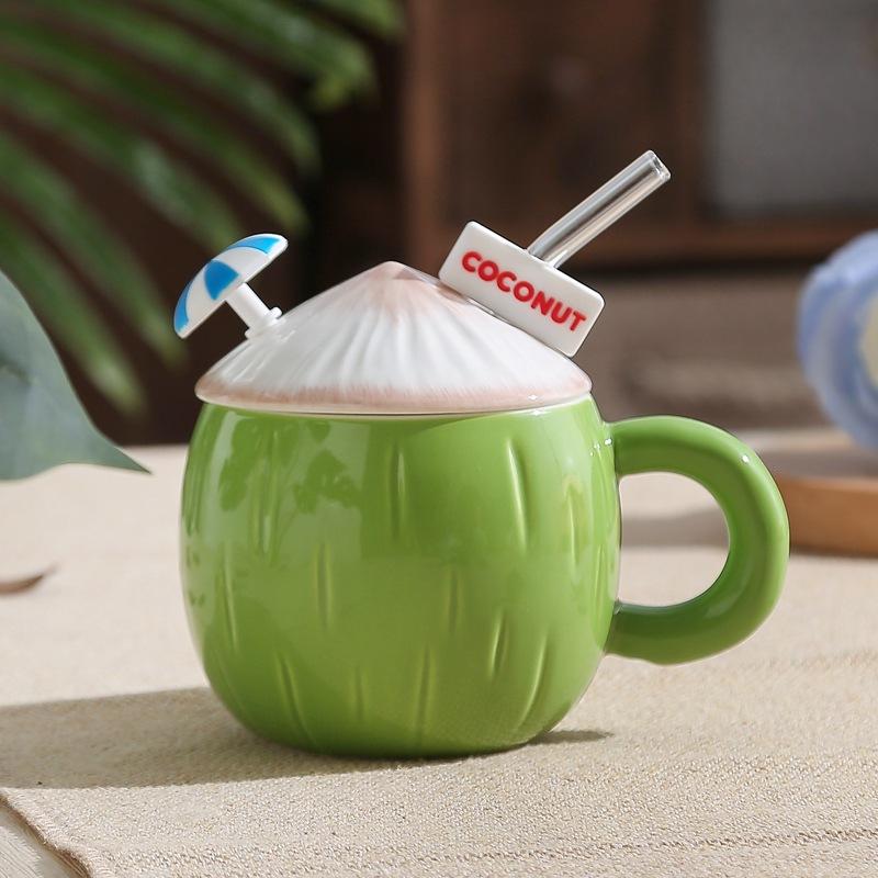

Creative Ins Style Summer Coconut Mug Girls Heart High Precision Cute Ceramic Cup Large Capacity Water Cup with Lid 430ml