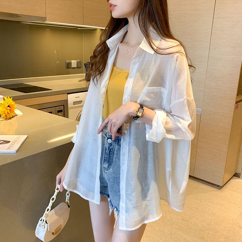 

Polo Single-Breasted Loose-Fit Tencel Sunscreen See-through Cardigan White Free size