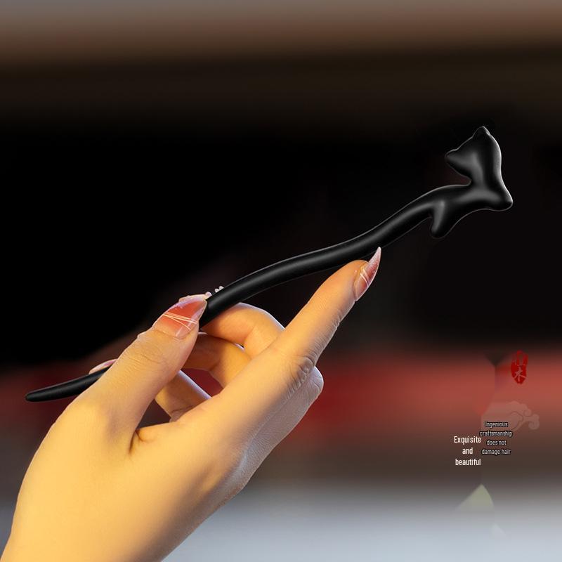 High-End Natural Ebony Wood Hairpin - Extended Chinese Ancient Style Black Hair Bun Accessory