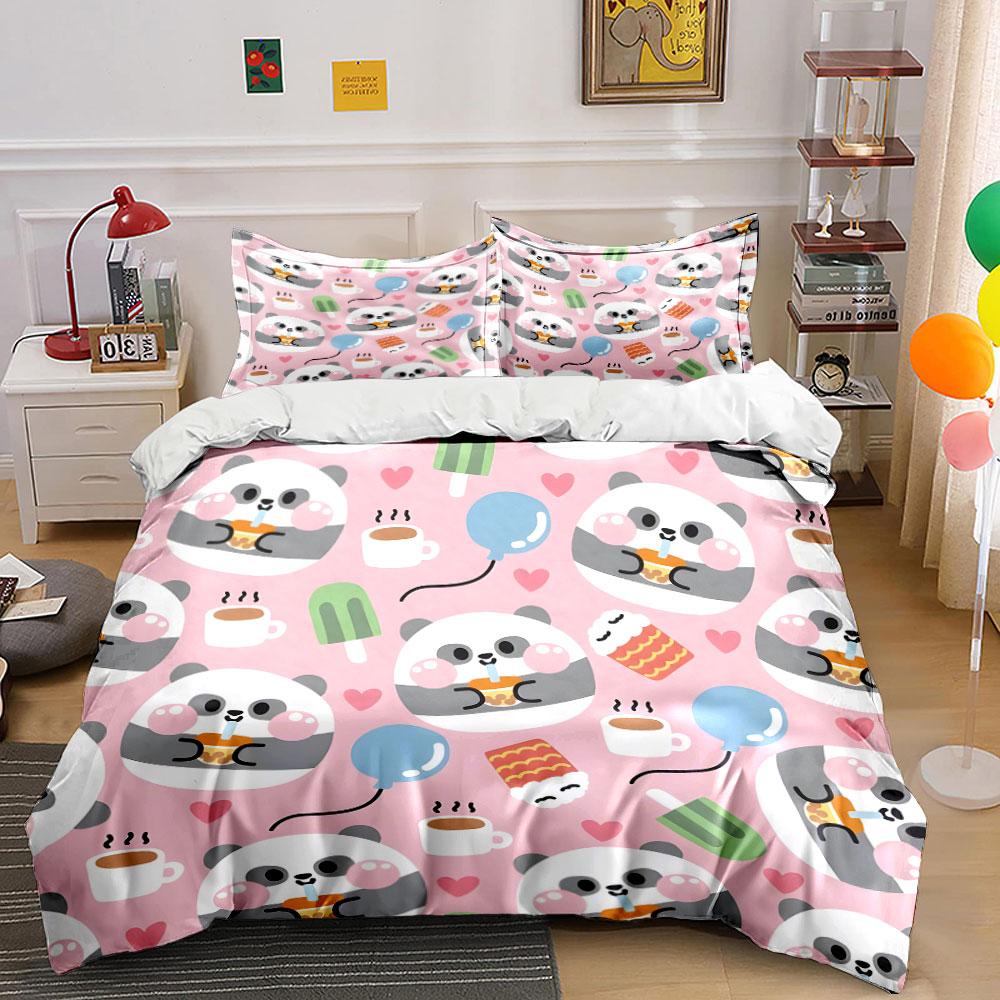 Cute pandas with bubble tea Pattern Duvet Cover Set Digital Print Colorful Polyester Bedding with Zipper Closur for kids gifts 135x200cm