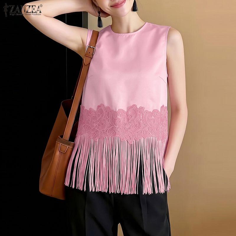 ZANZEA Women Casual Round Neck Lace Tassel Splice Loose Sleeveless Tank Tops