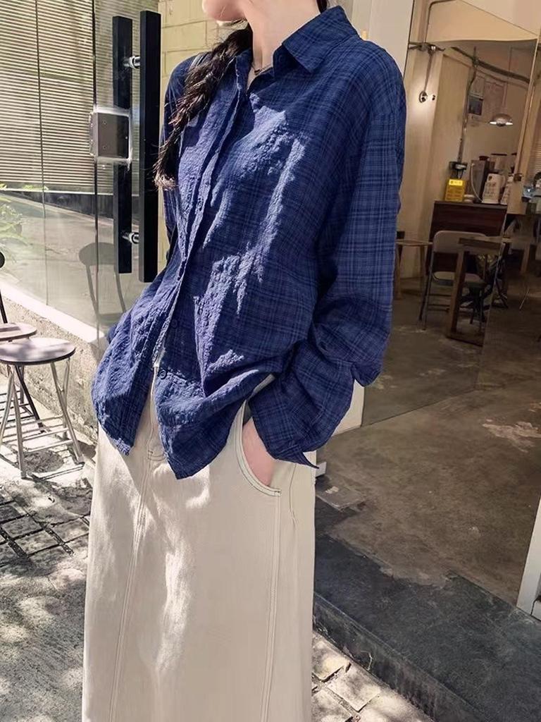 Women's French Retro Dark Blue Plaid Long Sleeve Shirt - Loose, Versatile, Sun Protection, Spring/Summer Style