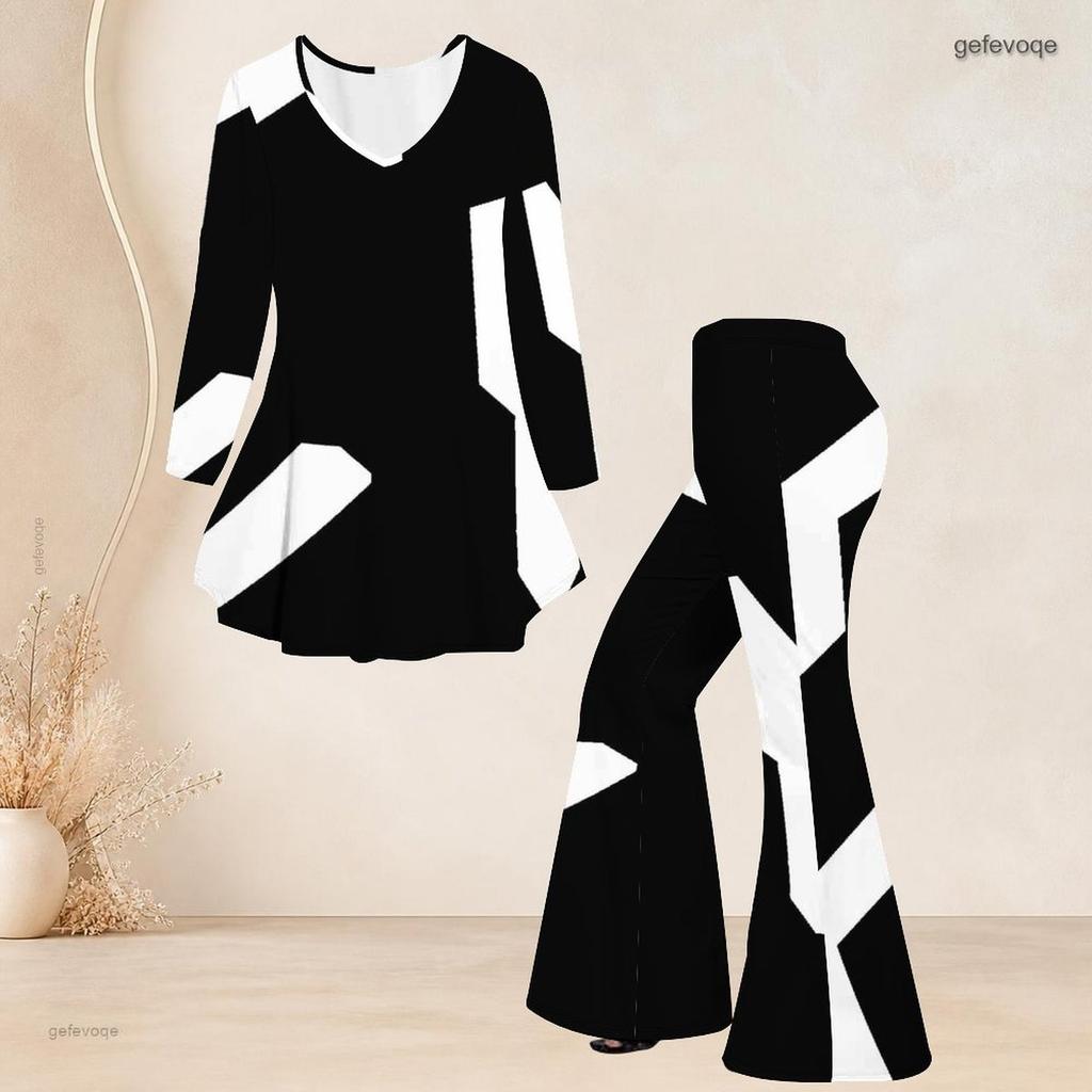 Women Plus Size V Neck Long Sleeve Printed Flared Top Flared Pants Two Piece Set