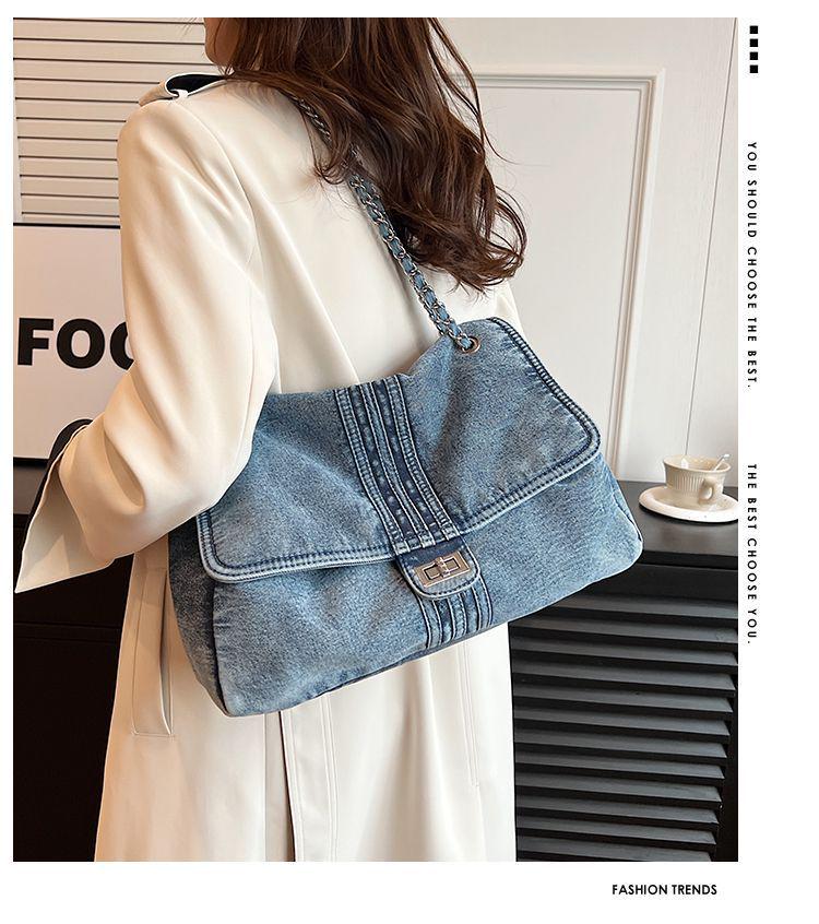 Sac bandoulière décontracté en denim grande capacité pour femme avec chaîne
