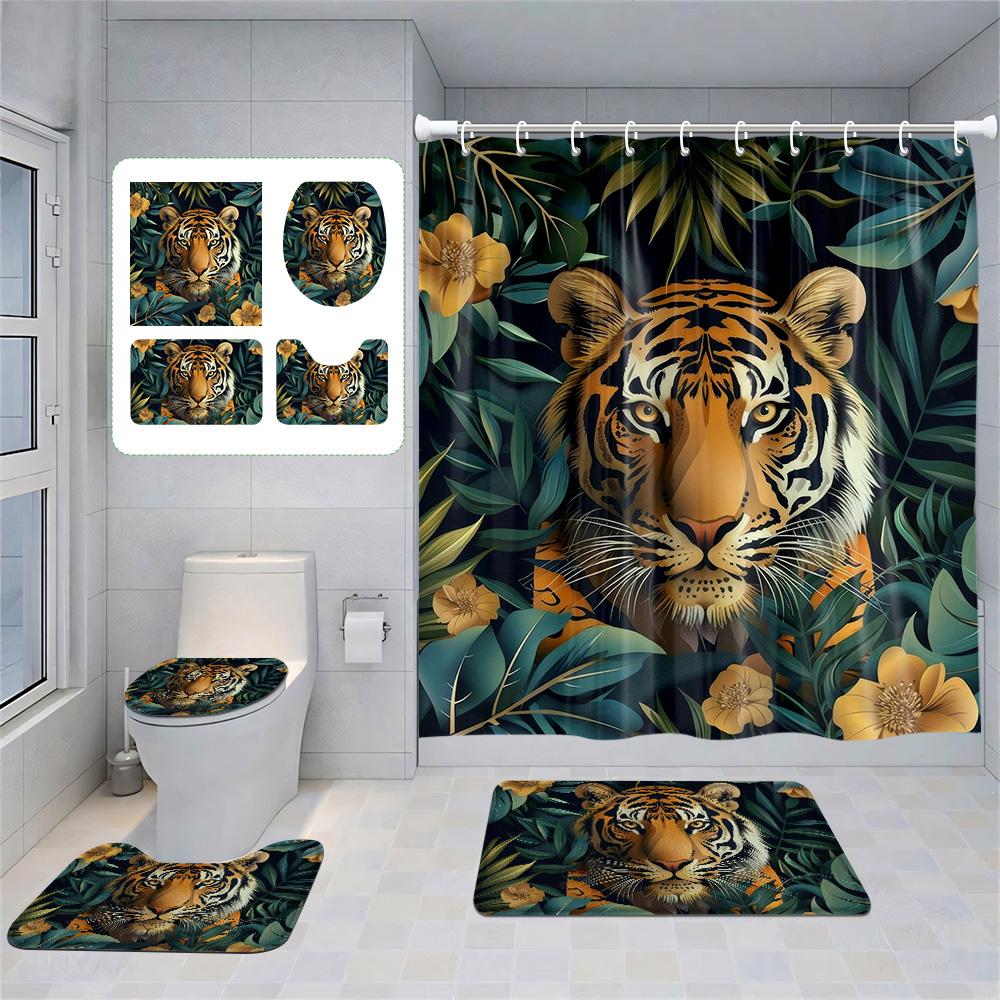 Animal Theme Printed Shower Curtain Suit Polyester Moisture-Proof Bathroom Curtain Bathroom Accessories Non-Slip Floor Mat