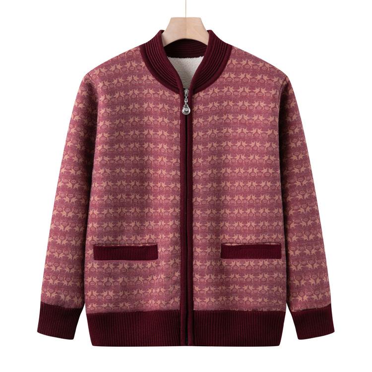 Mom's Autumn and Winter New Plush Top Middle-aged Women's Fashionable Cardigan Sweater Middle-aged and Elderly Casual Fashionable Jacket