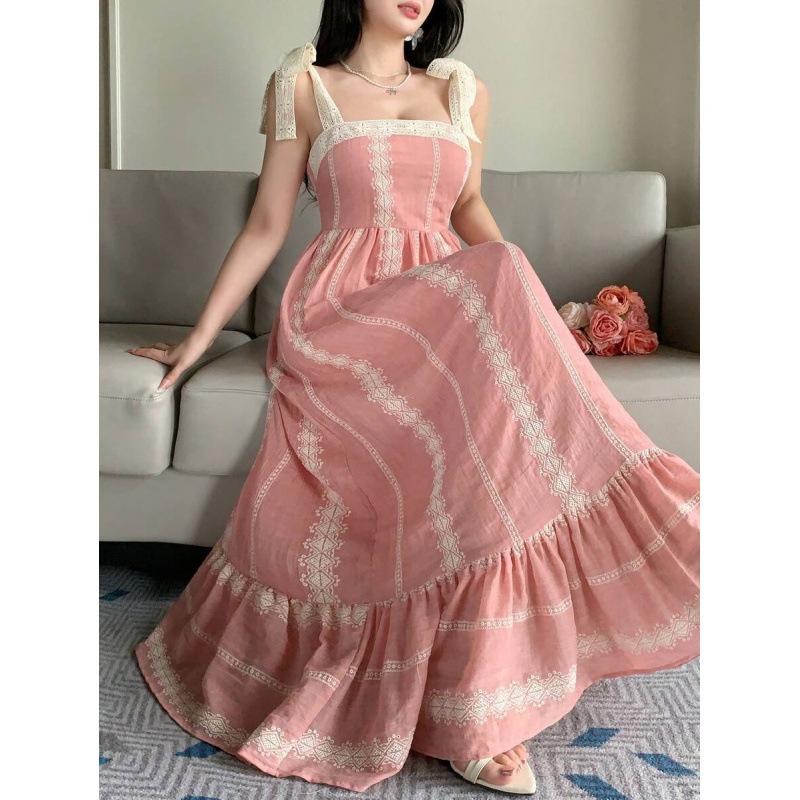 European summer contrasting lace splicing suspender holiday style girl casual long dress women S