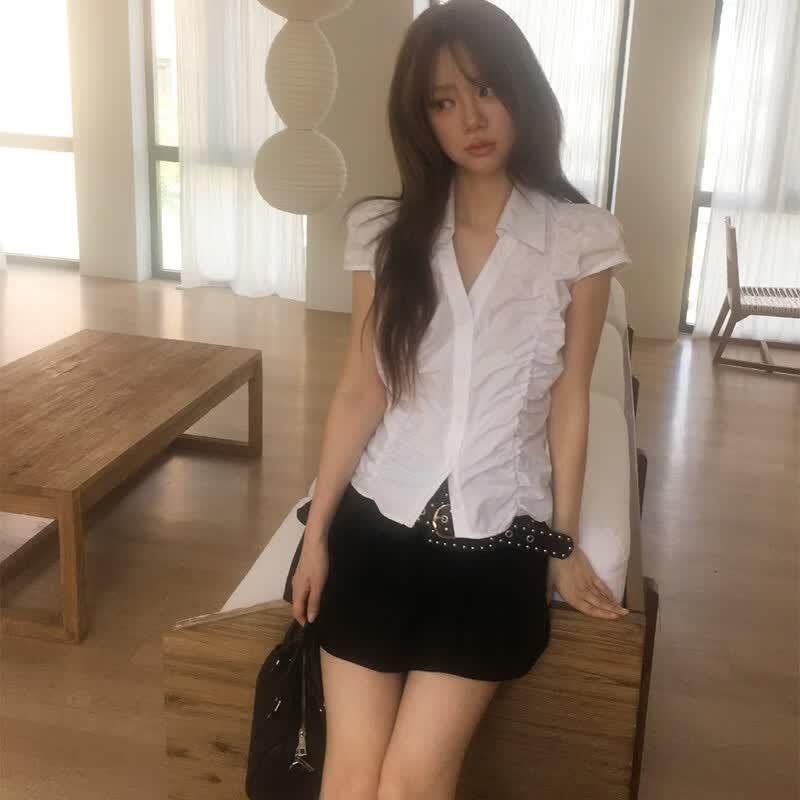 La Chapelle Women s Pleated V-Neck Slim Fit Short Sleeve T-Shirt One Size